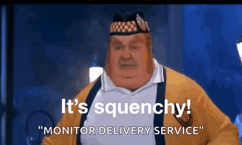 a fat man in a yellow sweater is talking about monitor delivery service