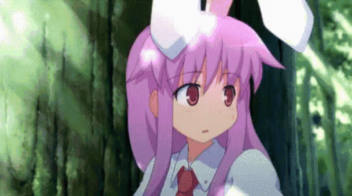 a girl with pink hair and white bunny ears is standing in the woods