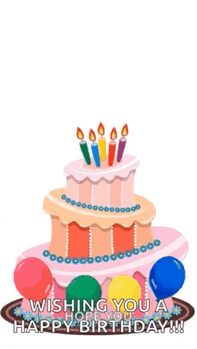 a birthday cake with candles and balloons and the words " wishing you a happy birthday "