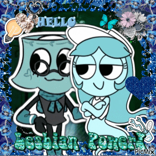 a couple of cartoon characters standing next to each other with the words lesbian force on the bottom right