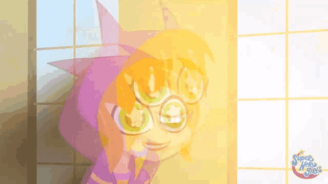 a cartoon of a girl with glasses and the words super hero girls behind her