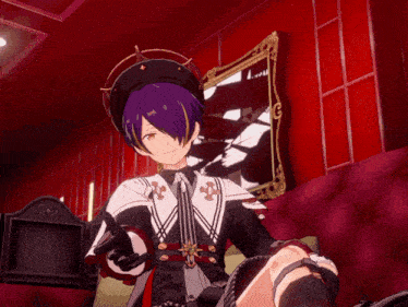 a purple haired anime character is sitting in front of a mirror