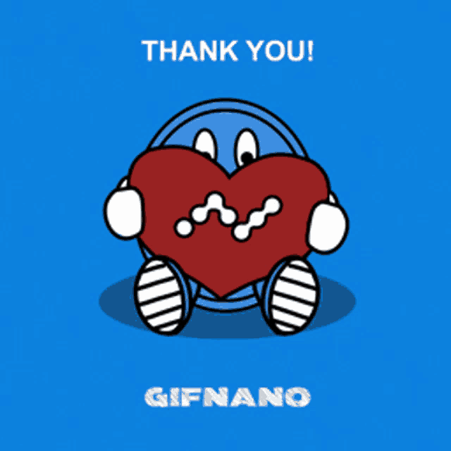a cartoon character is holding a red heart and says thank you gifnano