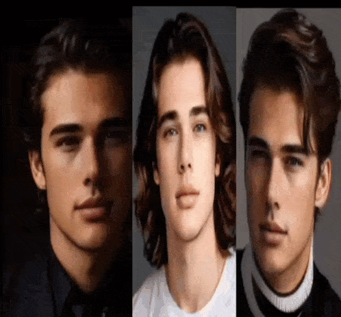 three pictures of a young man with long hair .