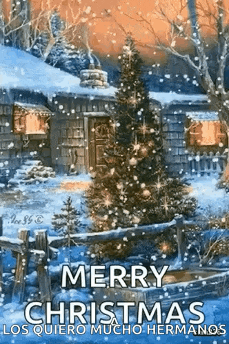 a christmas card with a christmas tree in front of a house in the snow .