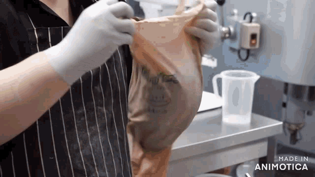 a person wearing gloves is holding a bag that says made in animatica on it