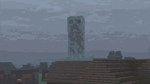 a video game scene with a castle in the background and a few buildings