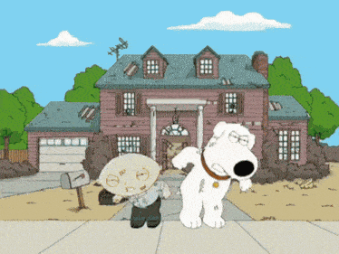 a cartoon of stewie and brian from family guy standing in front of a house