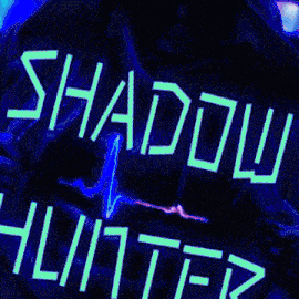a neon sign that says " shadow hunter " is lit up