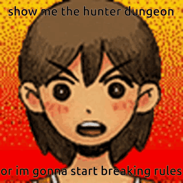 a cartoon of a girl with the words show me the hunter dungeon below her