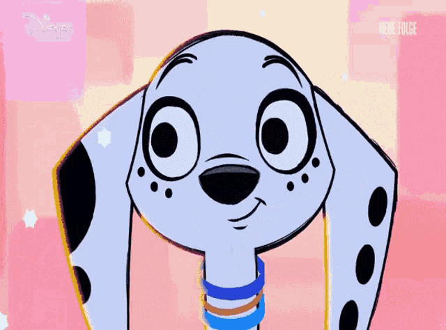 a dalmatian with a heart shaped eye and a disney logo in the background