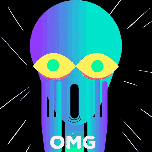 a colorful skull with yellow eyes and the word omg