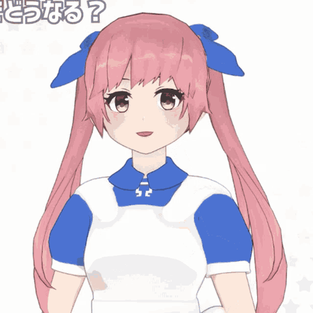 a girl with pink hair and blue bows covering her mouth with her hand and the letters e ! and ? below her