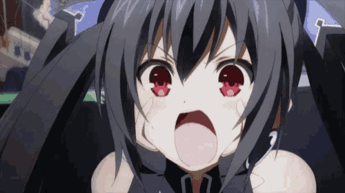 a girl with black hair and red eyes is making a face