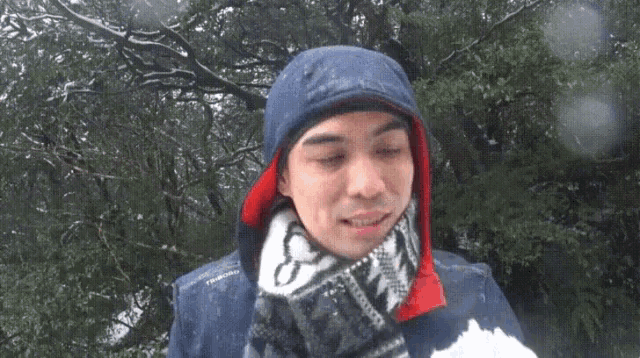 a man wearing a hooded jacket and scarf is holding a piece of snow in his hand .