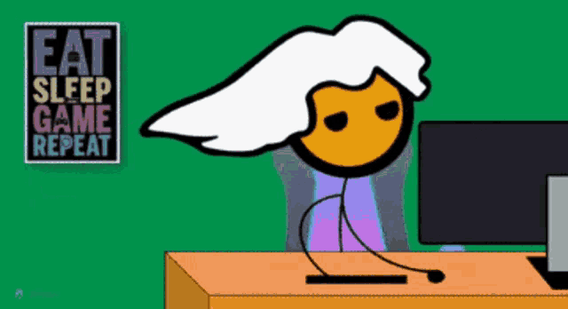 a poster that says eat sleep game repeat with a stick figure sitting in front of a computer