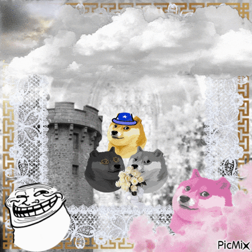 a picture of a doge wearing a blue hat with a troll face behind it