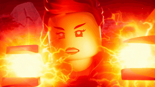 a close up of a lego character surrounded by fire and lightning