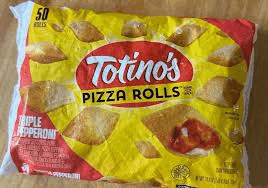 a bag of totino 's pizza rolls are sitting on a wooden table .