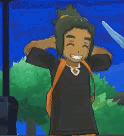 a cartoon character is wearing a black shirt and orange shorts