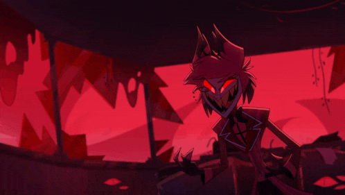a cartoon character with red eyes and teeth is standing in a dark room