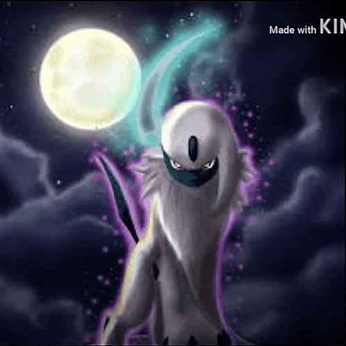 a pokemon is standing in front of a full moon in a dark sky .
