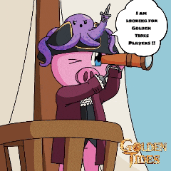 a cartoon of a pig wearing a pirate hat and holding a telescope says i am looking for golden times players