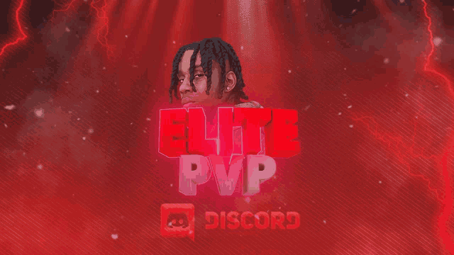 a poster for elite pvp discord with a man in the background