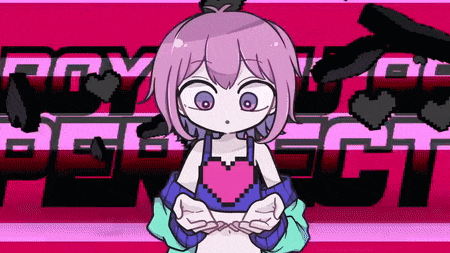 a girl with purple hair is standing in front of a sign that says " perfect "