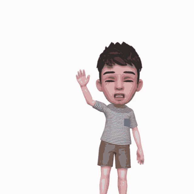 a cartoon boy with tears on his face is waving his hand