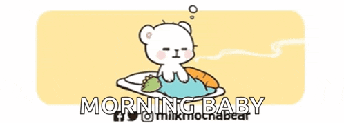 a cartoon of a teddy bear with the words morning baby on the bottom right