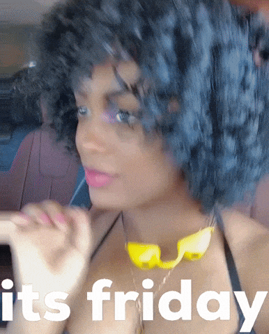 a woman wearing a wig and sunglasses says it 's friday in white letters