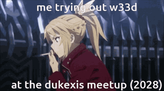 a picture of a girl smoking a cigarette with the caption me trying out w33d at the dukexis meetup