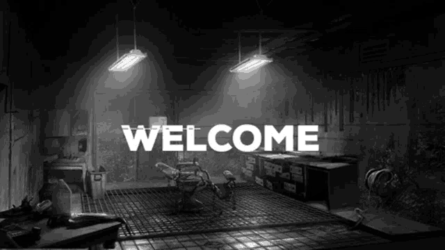 a black and white photo of a room with the words welcome on the bottom