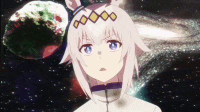 a girl with white hair and blue eyes is standing in space