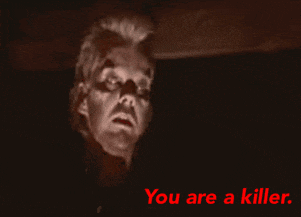 a man in a dark room with the words " you are a killer " on the bottom