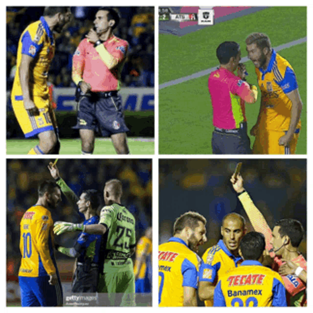 a collage of four pictures of soccer players and referees with one of them wearing a tecate jersey