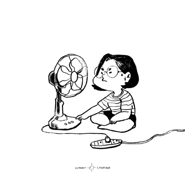 a black and white drawing of a person sitting in front of a fan with the words summer chopeng below them