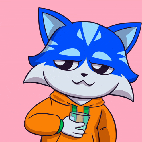 a cartoon drawing of a blue and white cat holding a glass