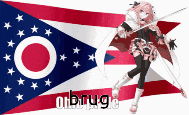 a girl with a sword is standing in front of a flag that says obruge