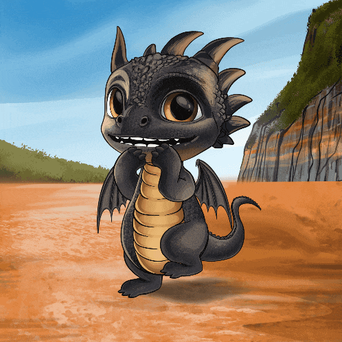 a cartoon drawing of a black and gold dragon standing on a dirt road