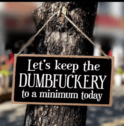 a sign hanging from a tree says let 's keep the dumbfuckery to a minimum today