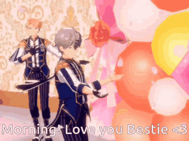 two anime characters are standing next to each other with the words morning love you bestie < 3