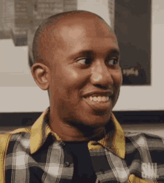 a man in a plaid shirt and tie is smiling and looking to the side .