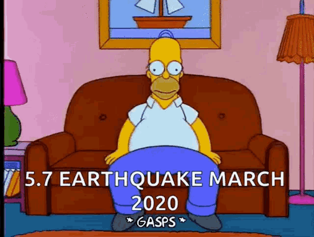 homer simpson is sitting on a couch in a living room in front of a picture of a sailboat .
