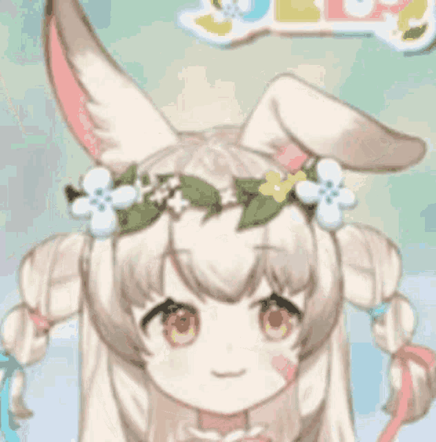a little girl with bunny ears and flowers in her hair