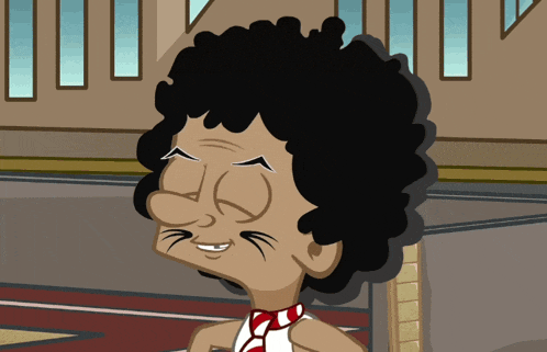 a cartoon of a man with curly hair and a red tie