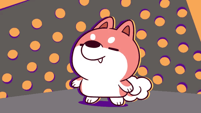 a cartoon drawing of a dog with its mouth open and yellow polka dots in the background