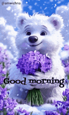 a polar bear holding a bouquet of purple flowers with the words good morning written below it