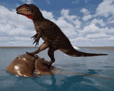 a dinosaur is standing on a rock in the middle of a body of water